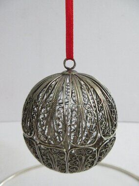 Ross Simons Silver Plate Filigree Christmas Ball Ornament Ornate Openwork Scroll